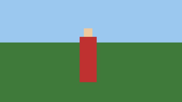 Shot 4: the red figure outdoors on a green lawn under a blue sky