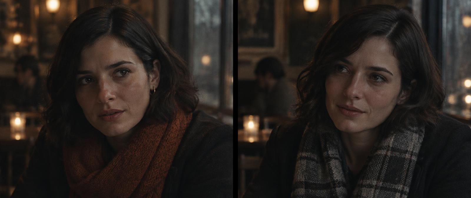 The same woman in two close-ups. In the second the gold earring is gone, the rust scarf is now a grey check and her face is slightly different.