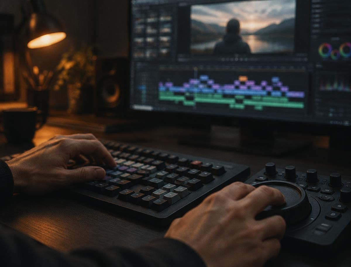 Hands on an editing keyboard and jog wheel, with a timeline full of clips on the monitor behind