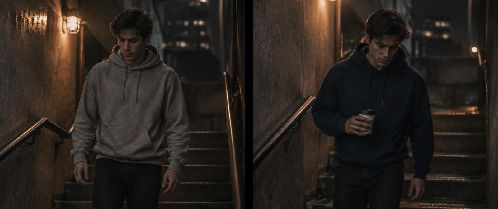 The same man walking down a stairwell in two shots. In the second his grey hoodie is navy and he is holding a coffee cup that was not there.
