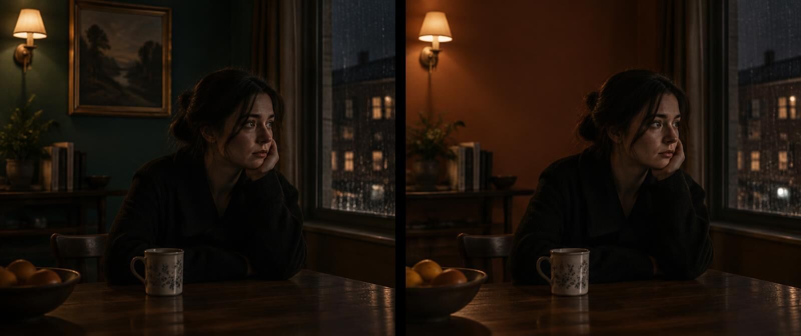 The same woman at the same table by a rainy window in two shots. In the first the wall behind her is teal with a framed painting. In the second the wall is terracotta and the painting is gone.