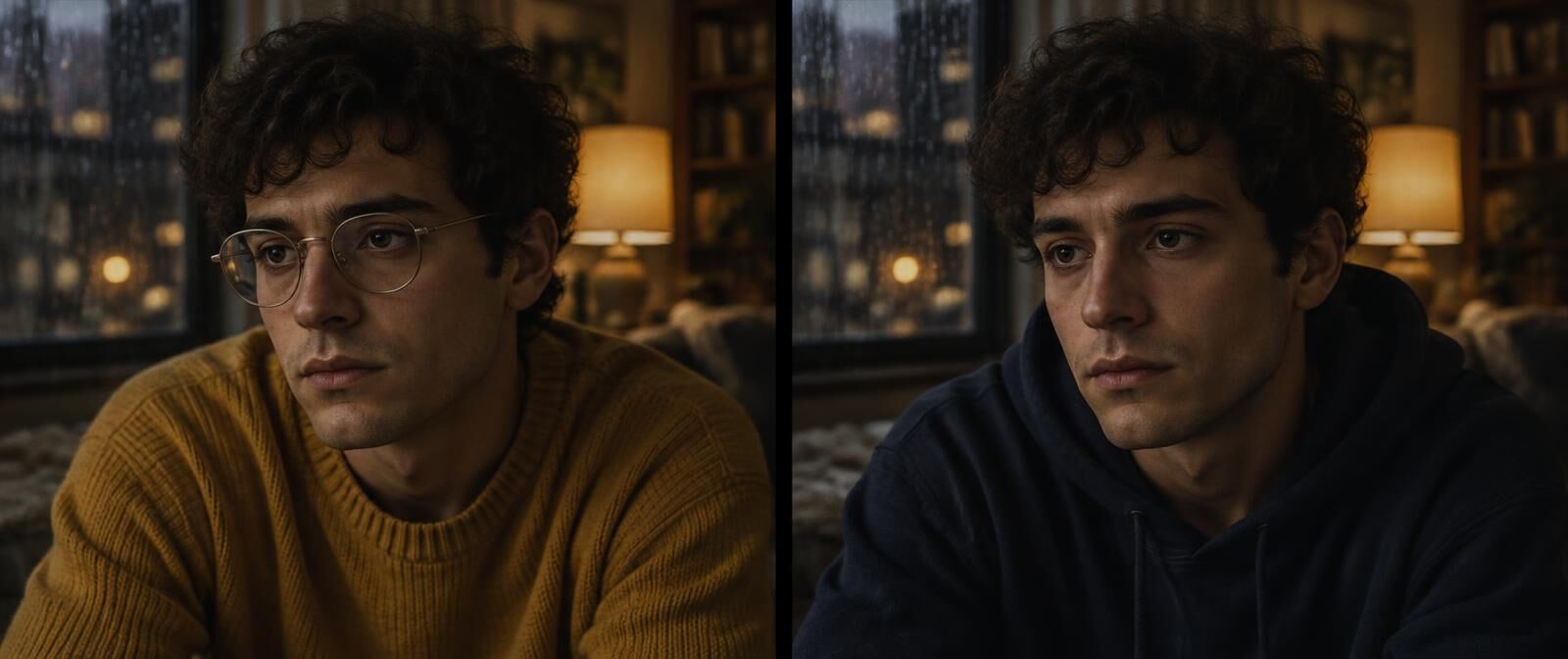 The same young man in two shots. In the first he wears a mustard knit sweater and round silver glasses. In the second the sweater is a navy hoodie and the glasses are gone.