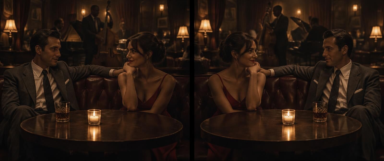 Two shots of the same jazz bar booth. In the first the man in the grey suit sits on the left with his whiskey and the woman in red on the right. In the second they have swapped sides and the whiskey has moved with him.