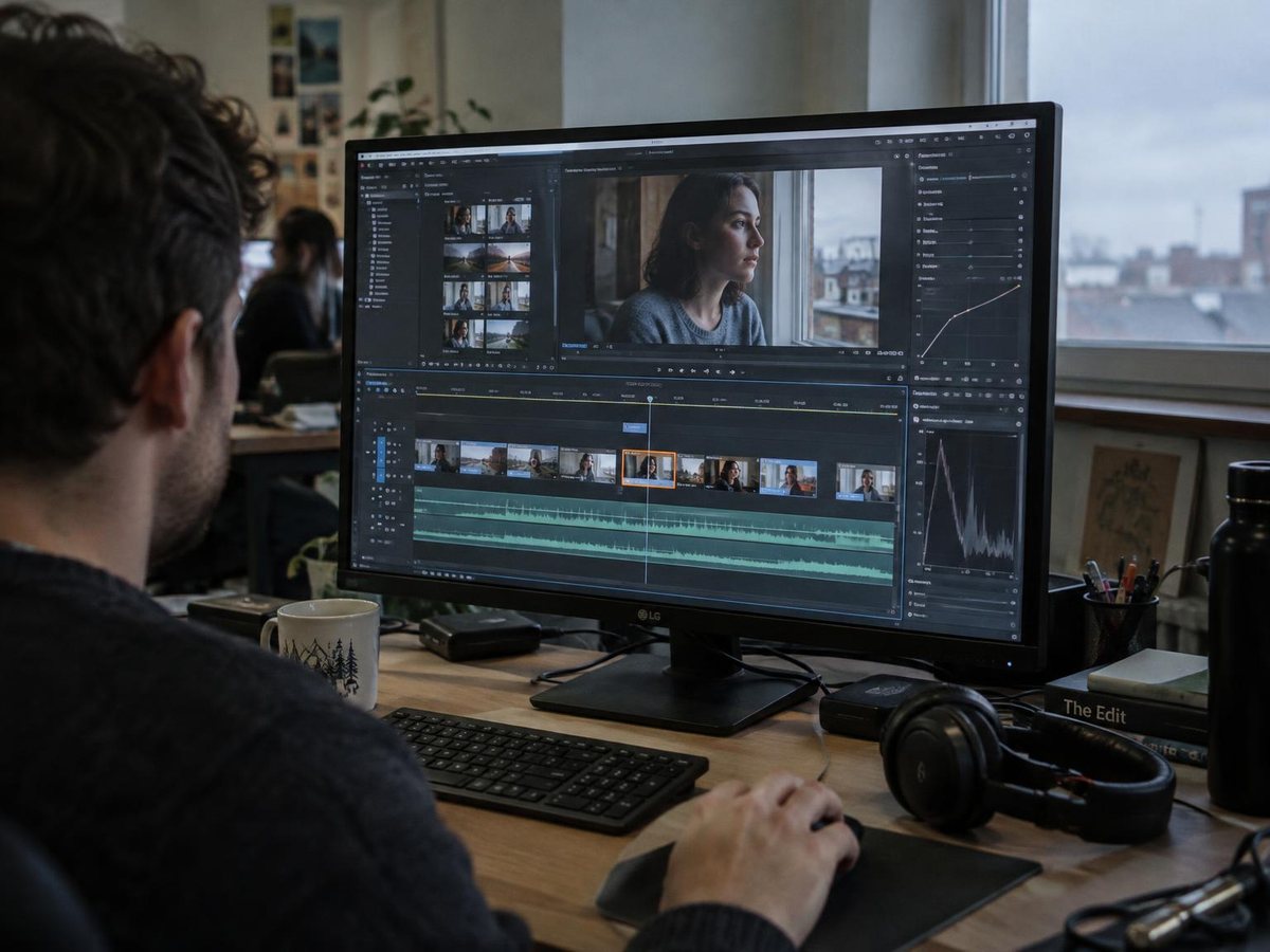An editor at a monitor in a shared office, a close-up in the viewer and one clip in the middle of the timeline selected for replacing