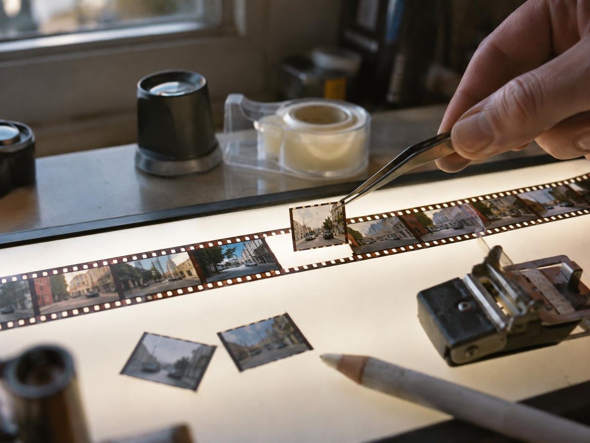 A strip of 35mm film on a lightbox with one frame cut out and a replacement frame being lowered into the gap with tweezers