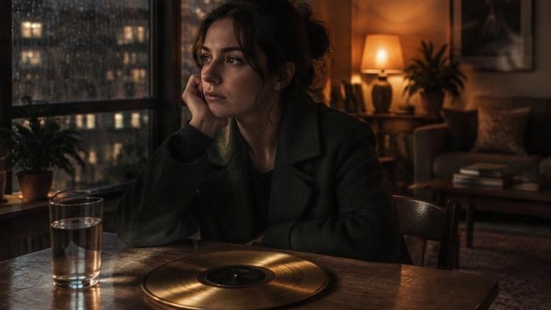 The first clear look at the woman at the table: green coat, glass of water, gold record on the table, rain on the window