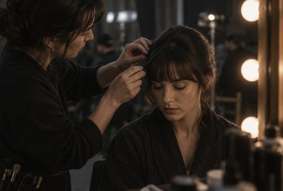 A makeup artist fixing an actress's fringe between takes