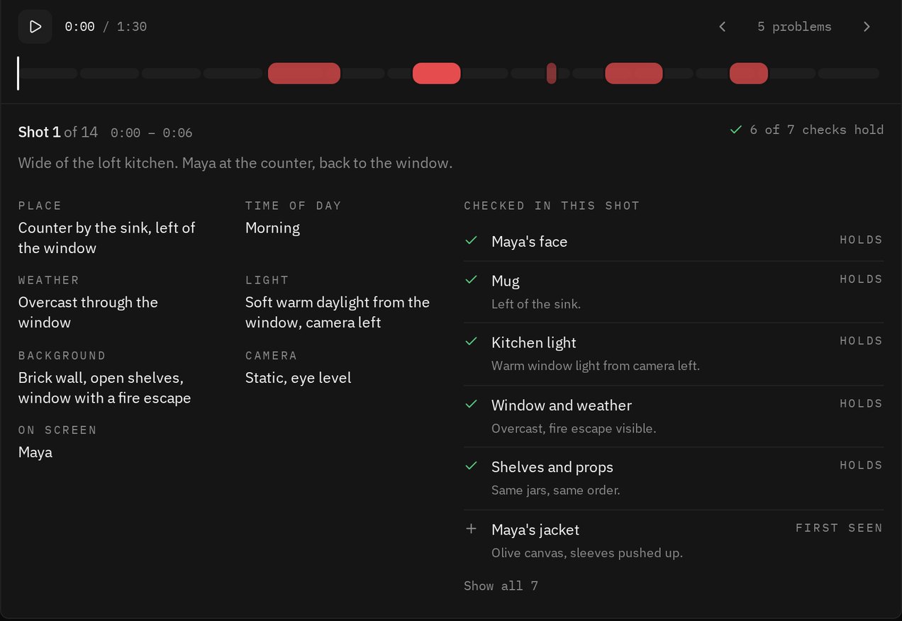 A report's timeline with marks where problems are, and the shot panel underneath listing place, light, weather and every check that held